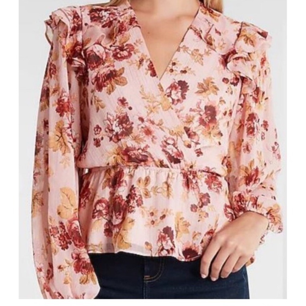 Express Floral Ruffle Chiffon Wrap Peplum Top XL Pink Red Gold Lurex Blouse
